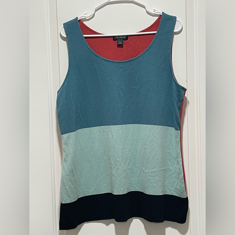 ST JOHN XL Mint Julep Cinnabar Black Caviar Colorblock Sleeveless Wool Knit Tank - Picture 6 of 15